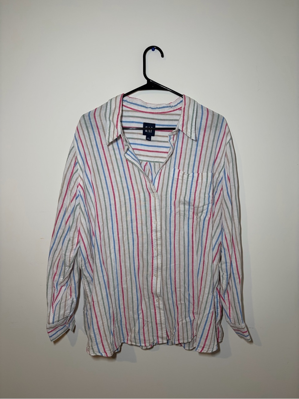GAP Women’s White Button-Down Shirt with Blue & Pink Stripes